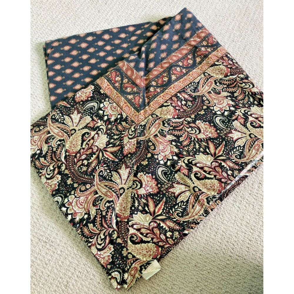 Williams Sonoma Tablecloth Rectangle 70x90 Black Brown Paisley Cotton India Boho